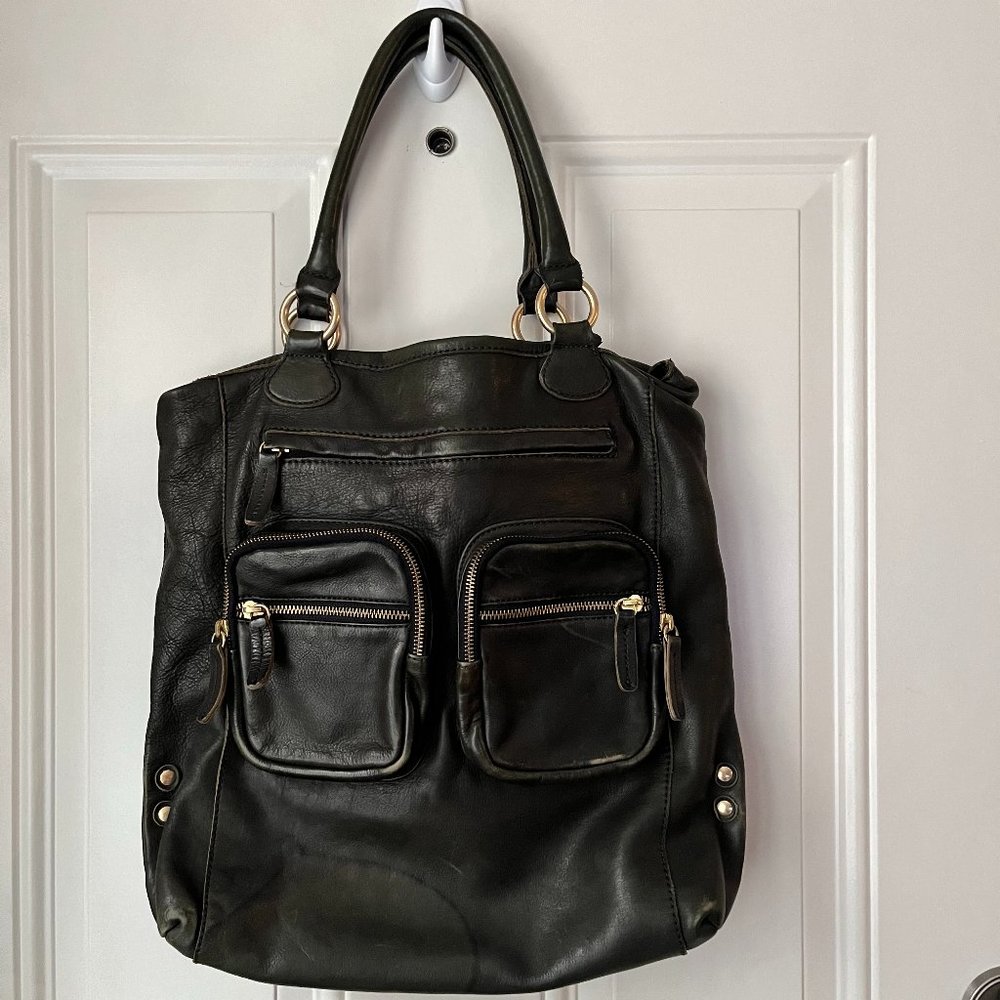 J. Crew Dark Leather Tote with Gold Accents